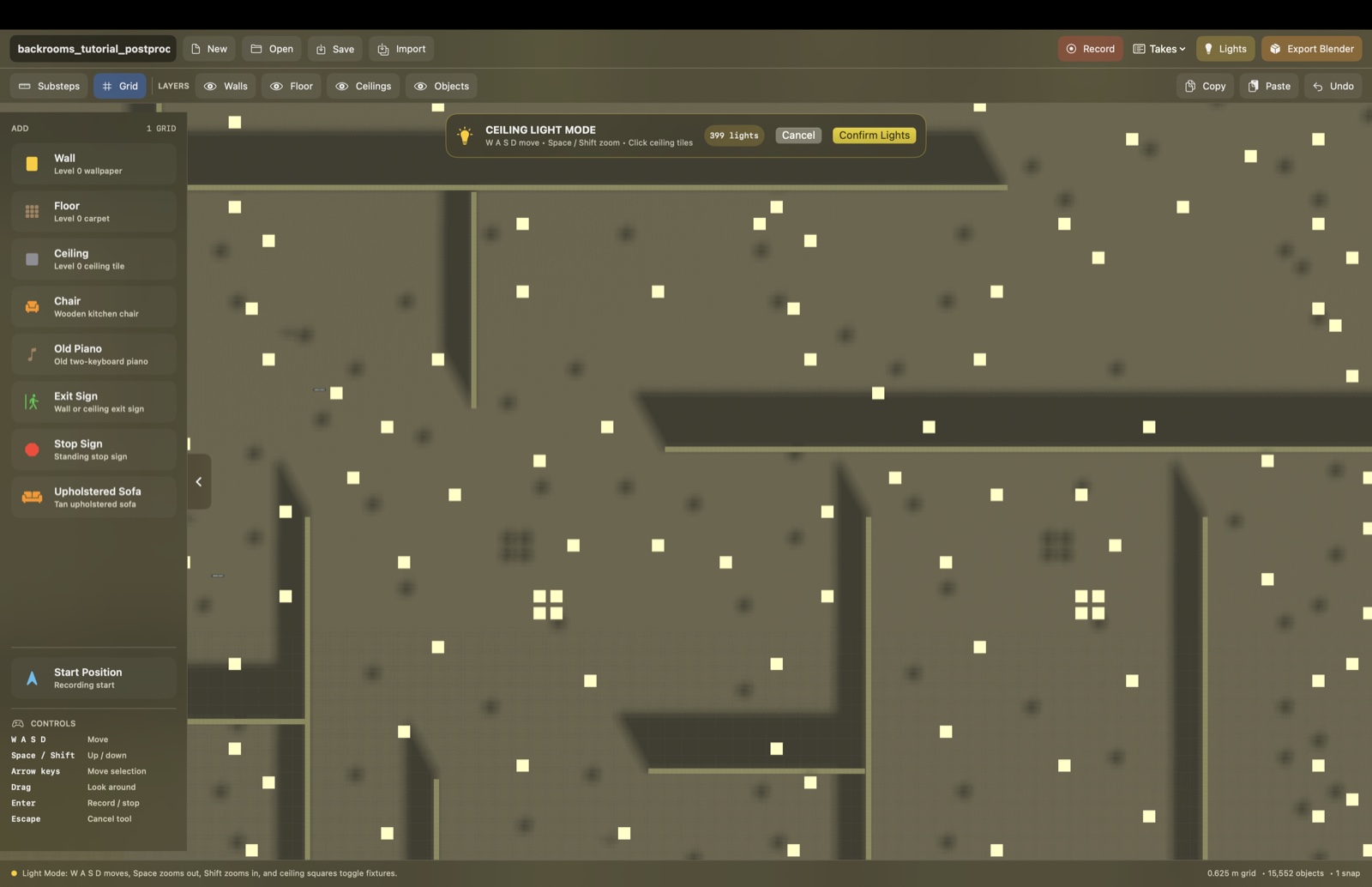Top-down ceiling Light Mode with selected fixtures and visible walls